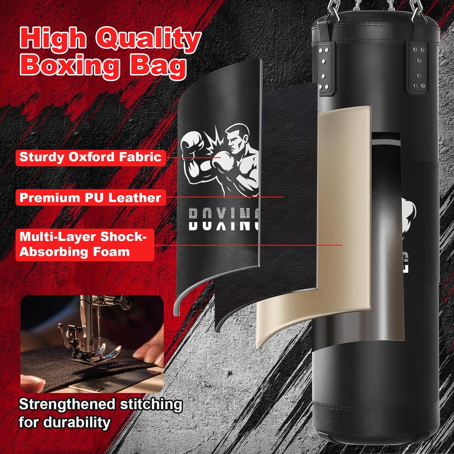 Qoosea Sacco da Boxe per Adulti, 1.2m Appendere Sacchi da Boxe da Muro con Guanti e Catena, Stabile Pungiball Sacco Box Set per Pratica di Taekwondo Karate MMA Fitness (Non Riempiti)
