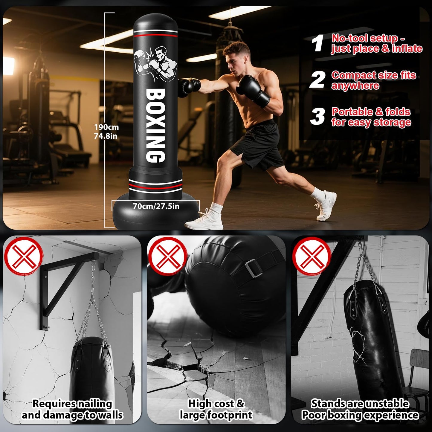 Qoosea Sacco da Boxe per Adulti, 190 cm Stabile Pungiball Adulti Gonfiabile con Guantoni da Boxe, Sacchi da Boxe Gonfiabile per Pratica di Taekwondo Muay Thai Karate MMA Fitness