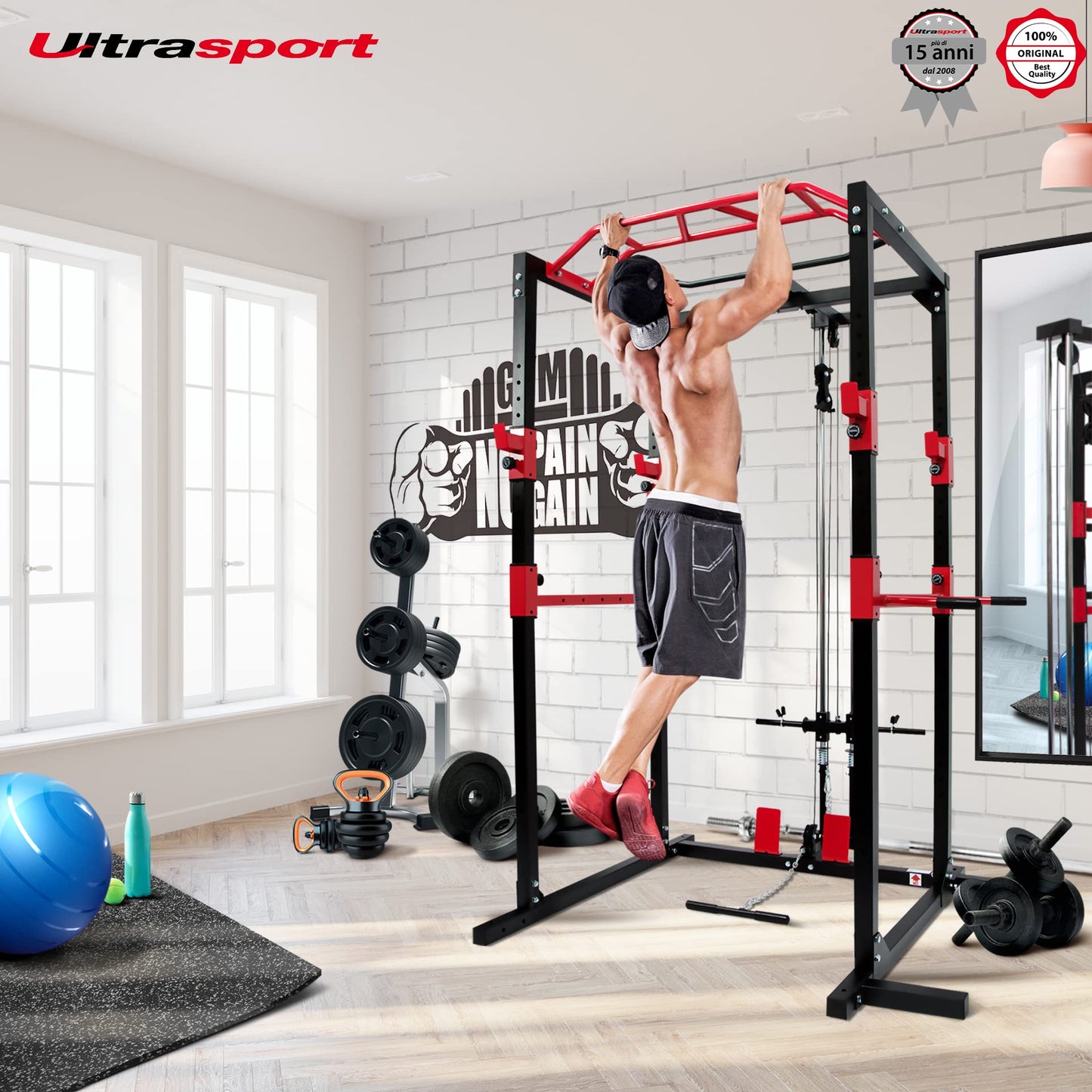 Ultrasport Power Rack, Scaffale fitness, Scaffale multifunzione per efficace allena completo corpo, costruzione acciai, perfetto per principianti e professionist, torre fitness, Nero/Rosso