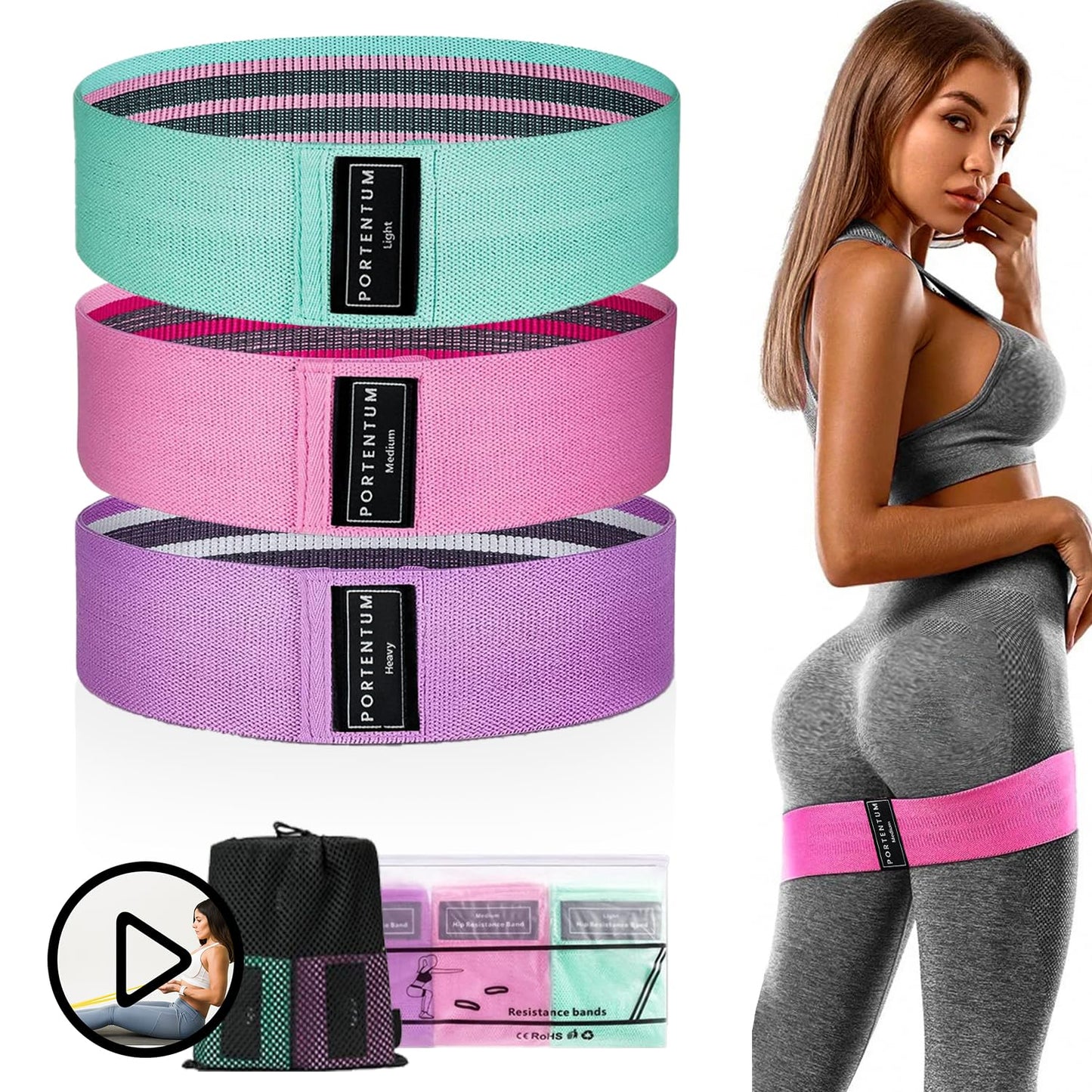 PORTENTUM Elastici fitness, set di 3 fasce elastiche fitness antiscivolo in tessuto. 3 livelli di resistenza per Crossfit, Yoga, Glutei e altri sport e borsa di stoccaggio
