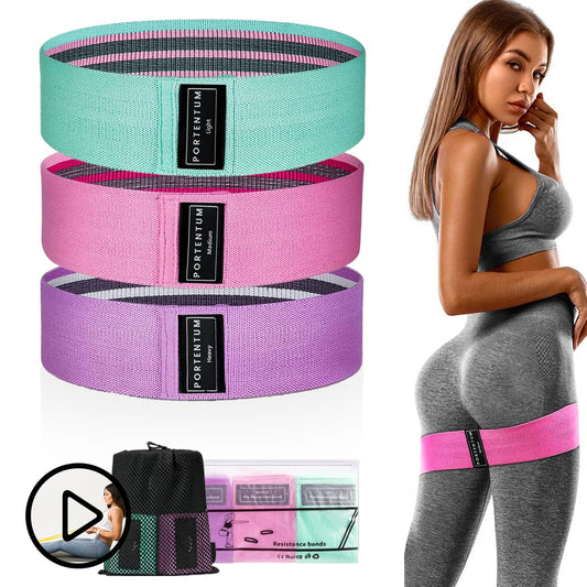 PORTENTUM Elastici fitness, set di 3 fasce elastiche fitness antiscivolo in tessuto. 3 livelli di resistenza per Crossfit, Yoga, Glutei e altri sport e borsa di stoccaggio