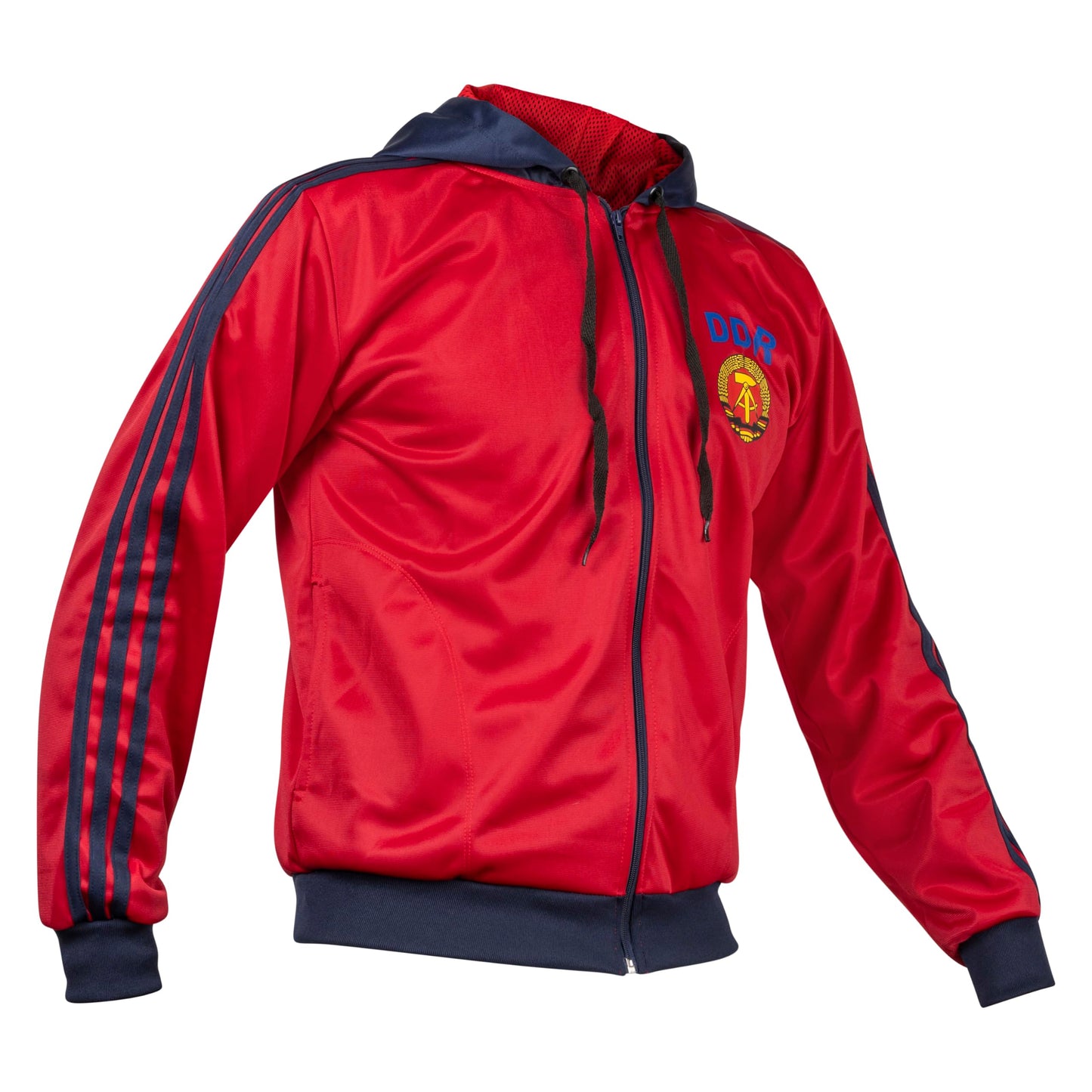 JL Sport Storica giacca sportiva della Germania dell'Est DDR, maglione rosso con cappuccio retro L