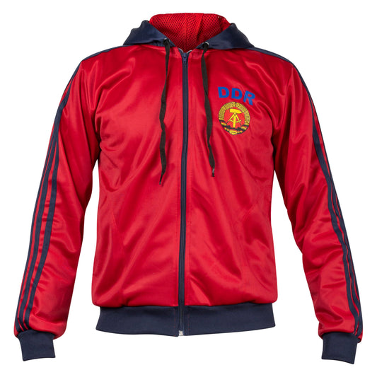 JL Sport Storica giacca sportiva della Germania dell'Est DDR, maglione rosso con cappuccio retro L