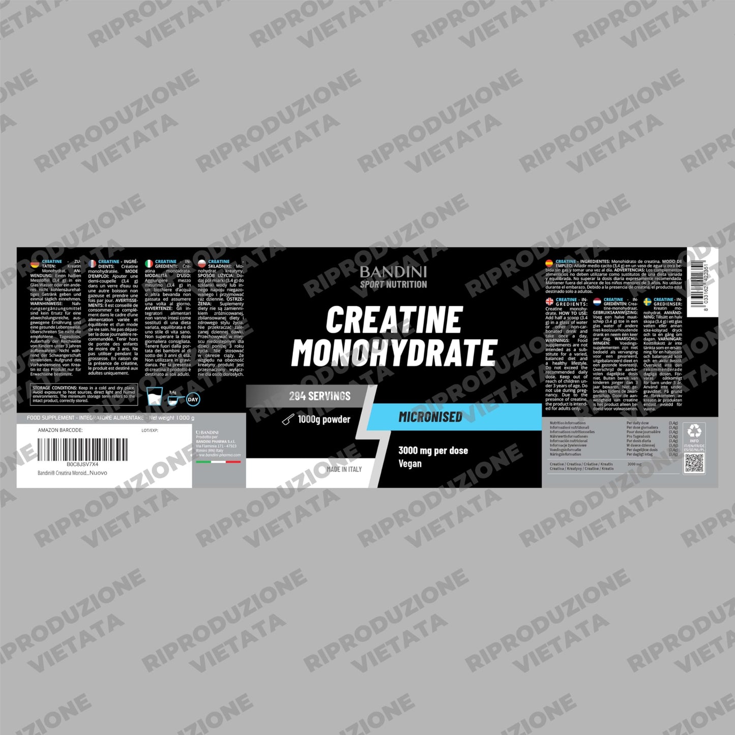 Bandini® Creatina Monoidrata 1kg/1000g in Polvere Pura e Vegana al 100% - Integratore Alimentare per Palestra, Sport, Fitness e Pre Workout - A base di Creatine Monoidrato - Creatina Micronizzata