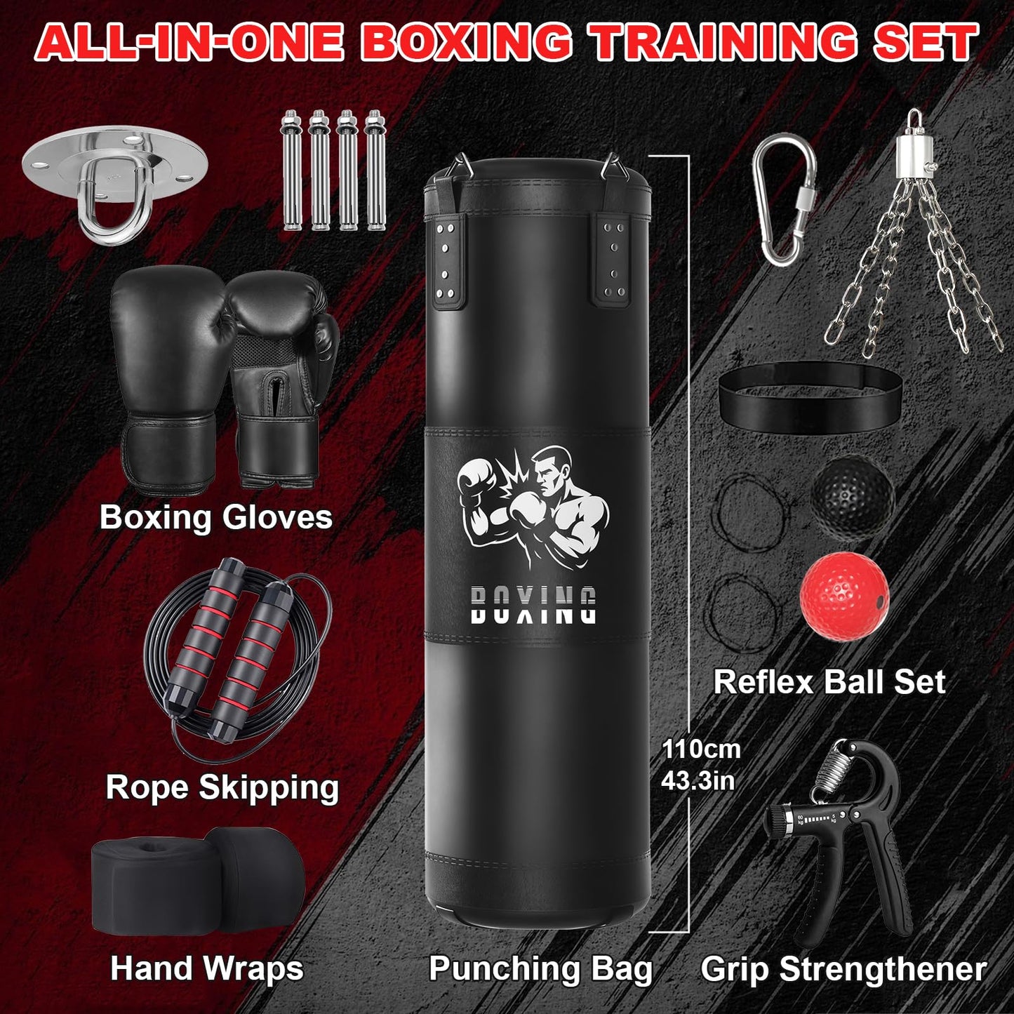 Qoosea Sacco da Boxe per Adulti, 1.2m Appendere Sacchi da Boxe da Muro con Guanti e Catena, Stabile Pungiball Sacco Box Set per Pratica di Taekwondo Karate MMA Fitness (Non Riempiti)