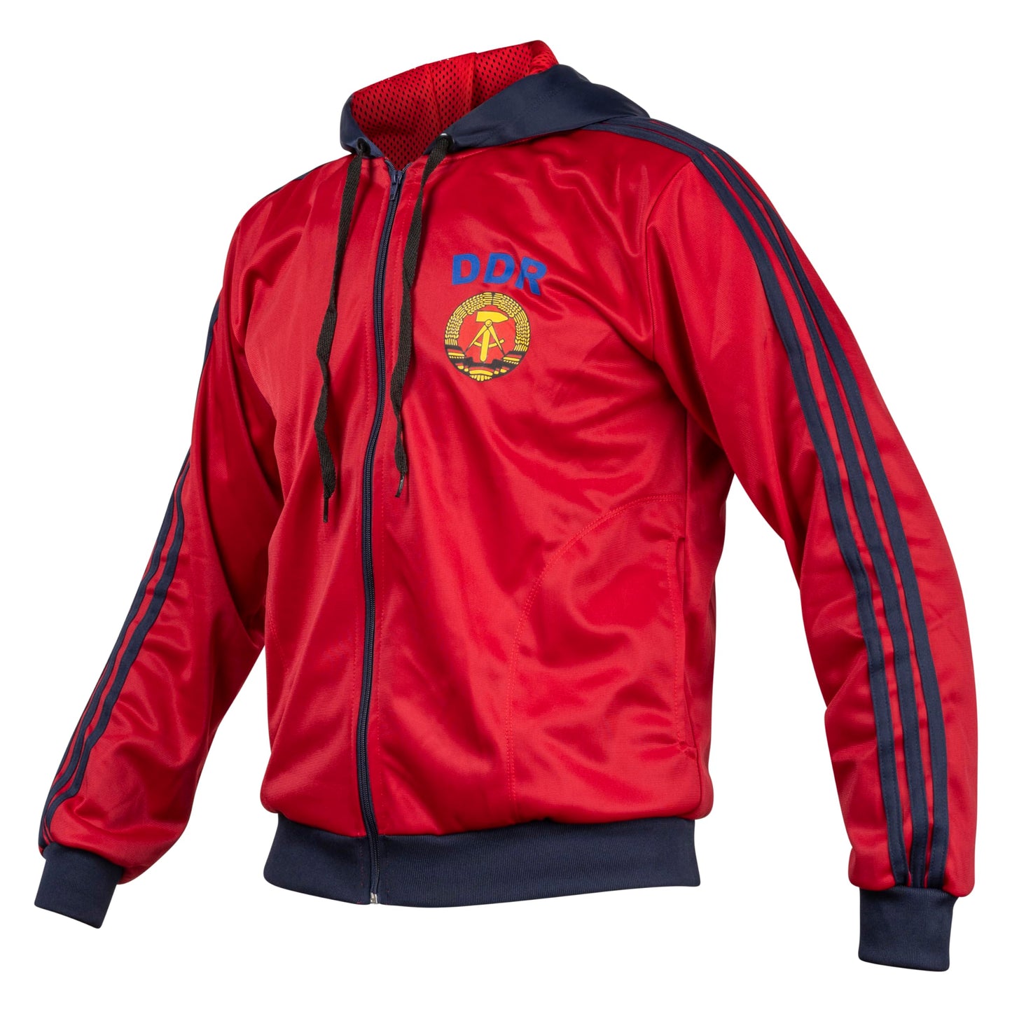 JL Sport Storica giacca sportiva della Germania dell'Est DDR, maglione rosso con cappuccio retro L