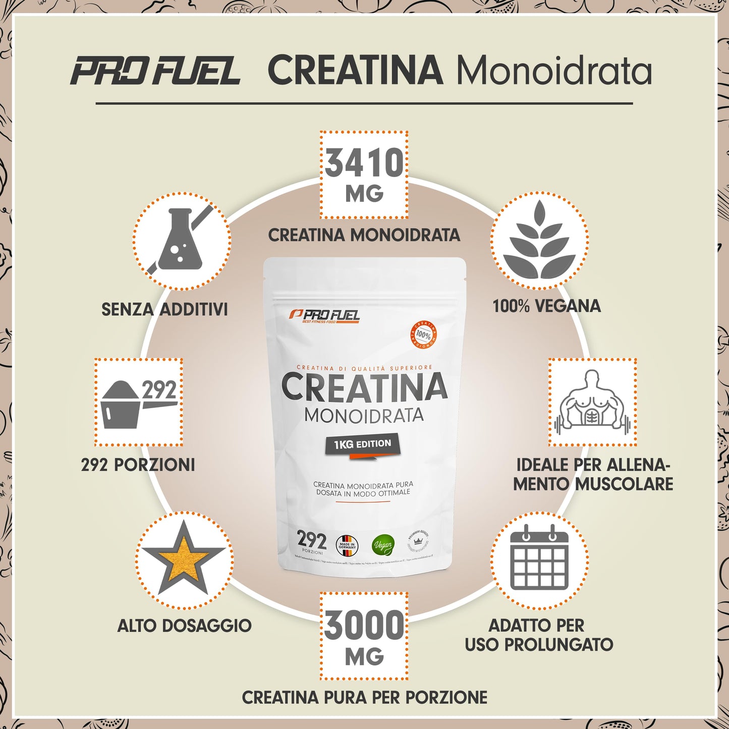 Creatina monoidrata polvere 1kg / 1000g micronizzata ad alto dosaggio, pura senza additivi, 100% vegana
