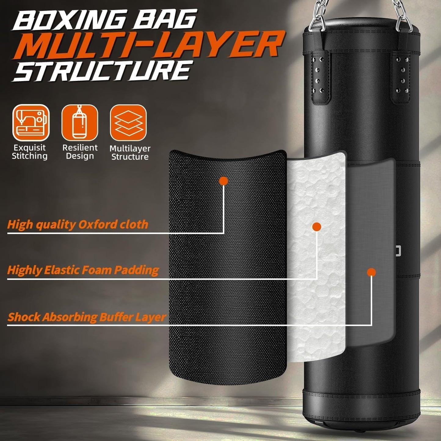 ASBRAVO Sacco da Boxe per Adulti Set Completo, 120cm Sacco da Punching Pesante con Guantoni da 12 oz, Bende per Mani 5m, per MMA Karate Taekwondo Boxe Allenamento Casa Palestra - Da Riempire